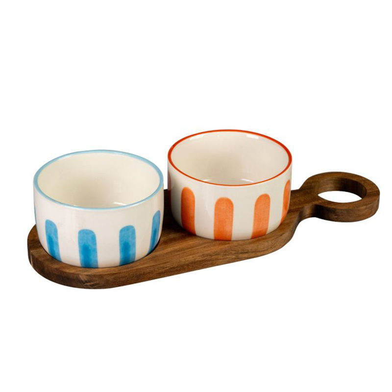 Set 2 ciotoline in ceramica con vassoio in legno di acacia