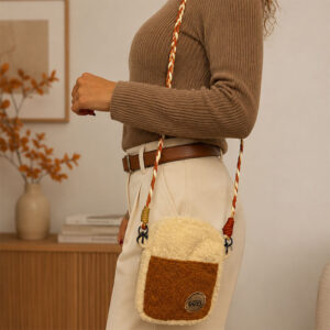 Borsa a tracolla effetto bouclé marrone e crema WD Lifestyle