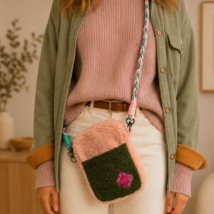 Borsa a tracolla effetto bouclé rosa e verde WD Lifestyle